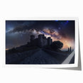 Rolled print showcasing a detailed landscape of a majestic castle surrounded by lush greenery, designed for home decor enthusiasts and art collectors. The vivid colors and intricate details make it a perfect addition to any space, packaged securely in a cardboard tube for safe delivery.
