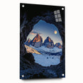 Acrylic glass artwork depicting a vibrant landscape of caves, showcasing intricate details and colors, displayed in a side view with decorative pins for mounting.