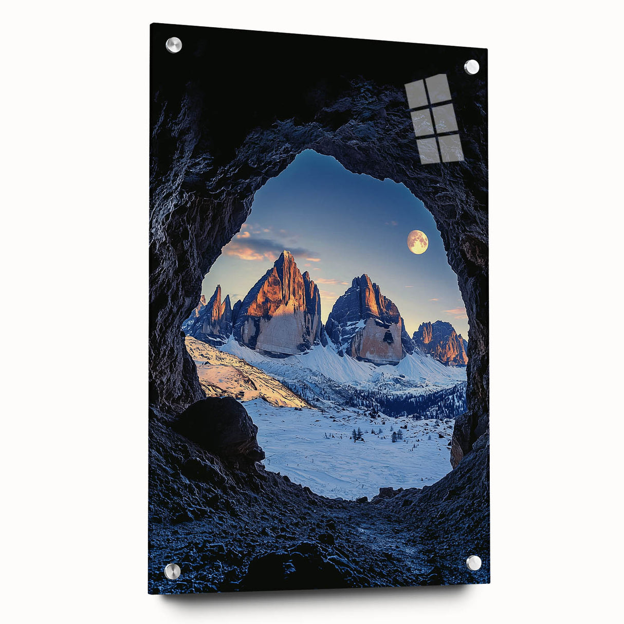 Acrylic glass artwork depicting a vibrant landscape of caves, showcasing intricate details and colors, displayed in a side view with decorative pins for mounting.