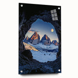 Acrylic glass artwork depicting a vibrant landscape of caves, showcasing intricate details and colors, displayed in a side view with decorative pins for mounting.