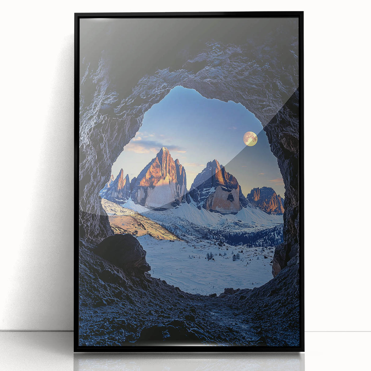 Framed acrylic artwork showcasing a vibrant landscape of caves, featuring a sleek black frame. Ideal for enhancing modern decor and artistic spaces.