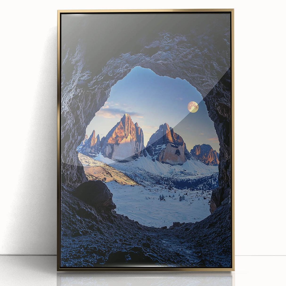 Framed acrylic artwork showcasing a golden cave landscape design, highlighting intricate details and vibrant colors, perfect for home decor or art enthusiasts.