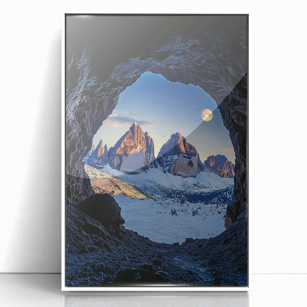 Framed acrylic artwork titled "Design 100: Landscapes and Caves," showcasing a stunning landscape scene with vibrant colors and intricate details, perfect for home decor.