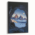 Framed canvas artwork titled "Design 100 Landscapes," showcasing a stunning cave landscape with intricate details and vibrant colors, displayed from a black side view, ideal for home decor.