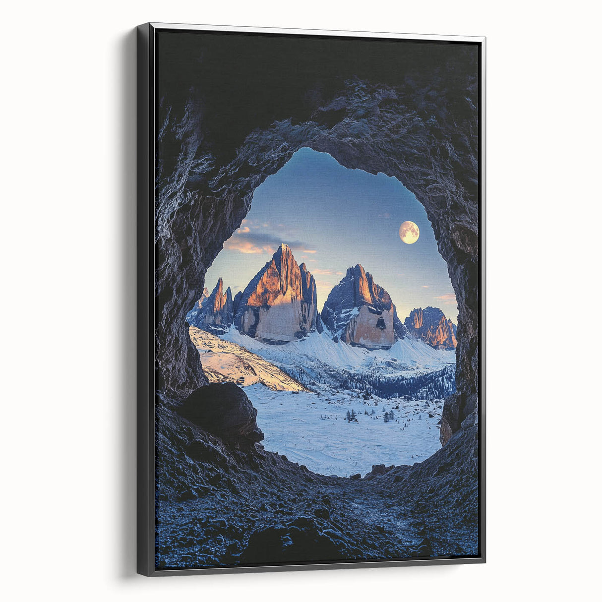 Framed canvas artwork titled "Design 100 Landscapes," showcasing a stunning cave landscape with intricate details and vibrant colors, displayed from a black side view, ideal for home decor.