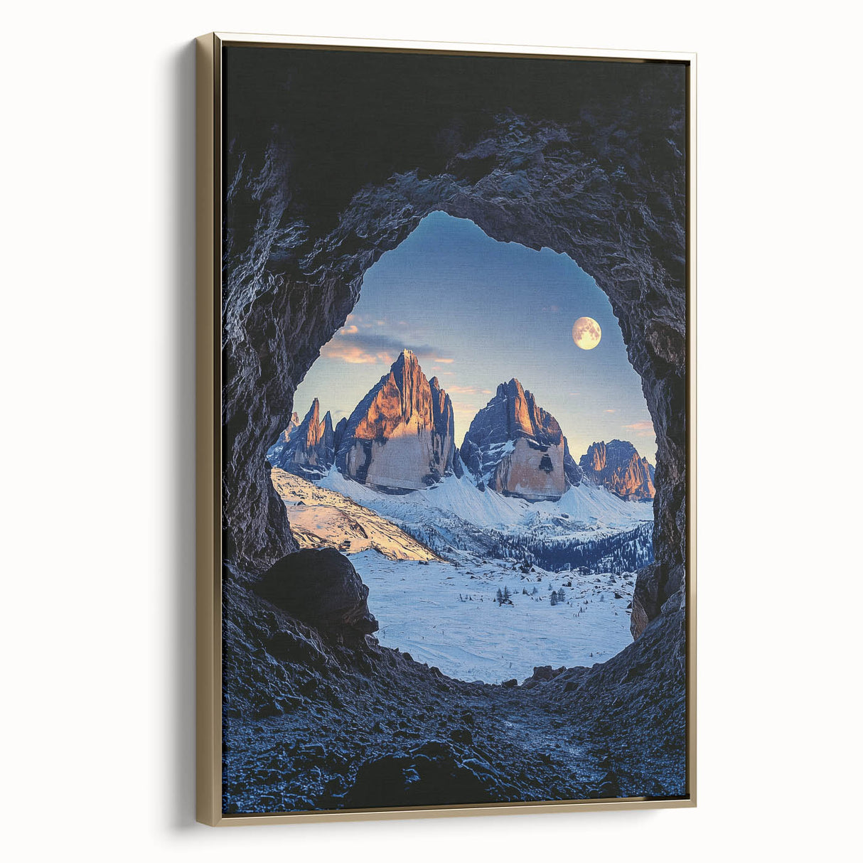Framed canvas artwork titled "Design 100 Landscapes" showcasing a serene cave scene with golden accents, ideal for enhancing modern home decor. The artwork's intricate details and vibrant colors create a captivating focal point in any room.