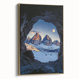 Framed canvas artwork titled "Design 100 Landscapes" showcasing a serene cave scene with golden accents, ideal for enhancing modern home decor. The artwork's intricate details and vibrant colors create a captivating focal point in any room.