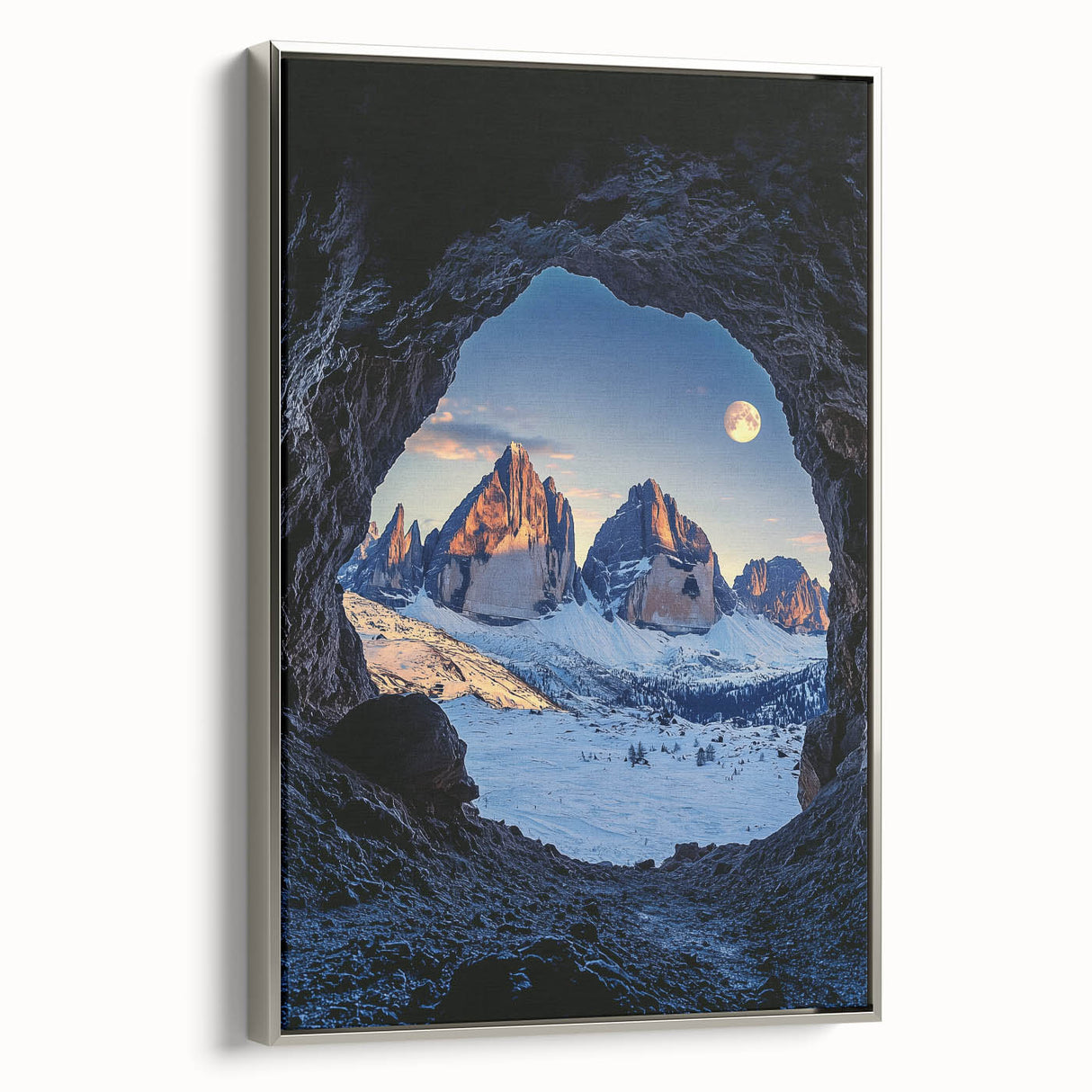 Framed canvas art depicting a stunning landscape scene showcasing intricate cave formations, set in a sleek silver frame, ideal for modern home decor.