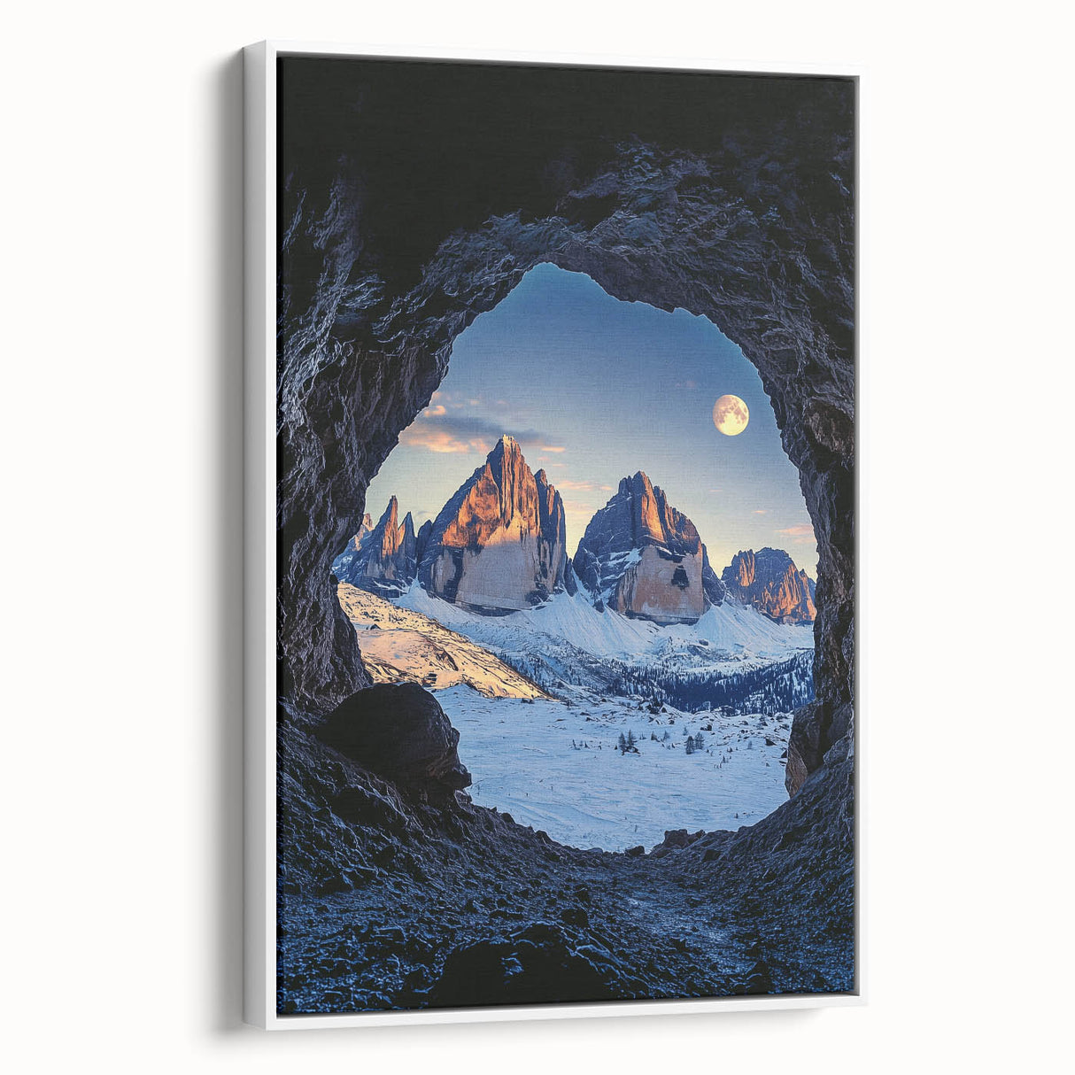 Framed canvas artwork depicting a serene landscape with caves, featuring a white frame. Ideal for home decor, enhancing living spaces with natural beauty.