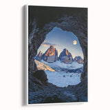 Framed canvas artwork depicting a serene landscape with caves, featuring a white frame. Ideal for home decor, enhancing living spaces with natural beauty.