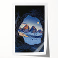 Vibrant rolled print showcasing a stunning landscape of caves, featuring intricate details and rich colors, packaged securely in a protective cardboard tube for art lovers.