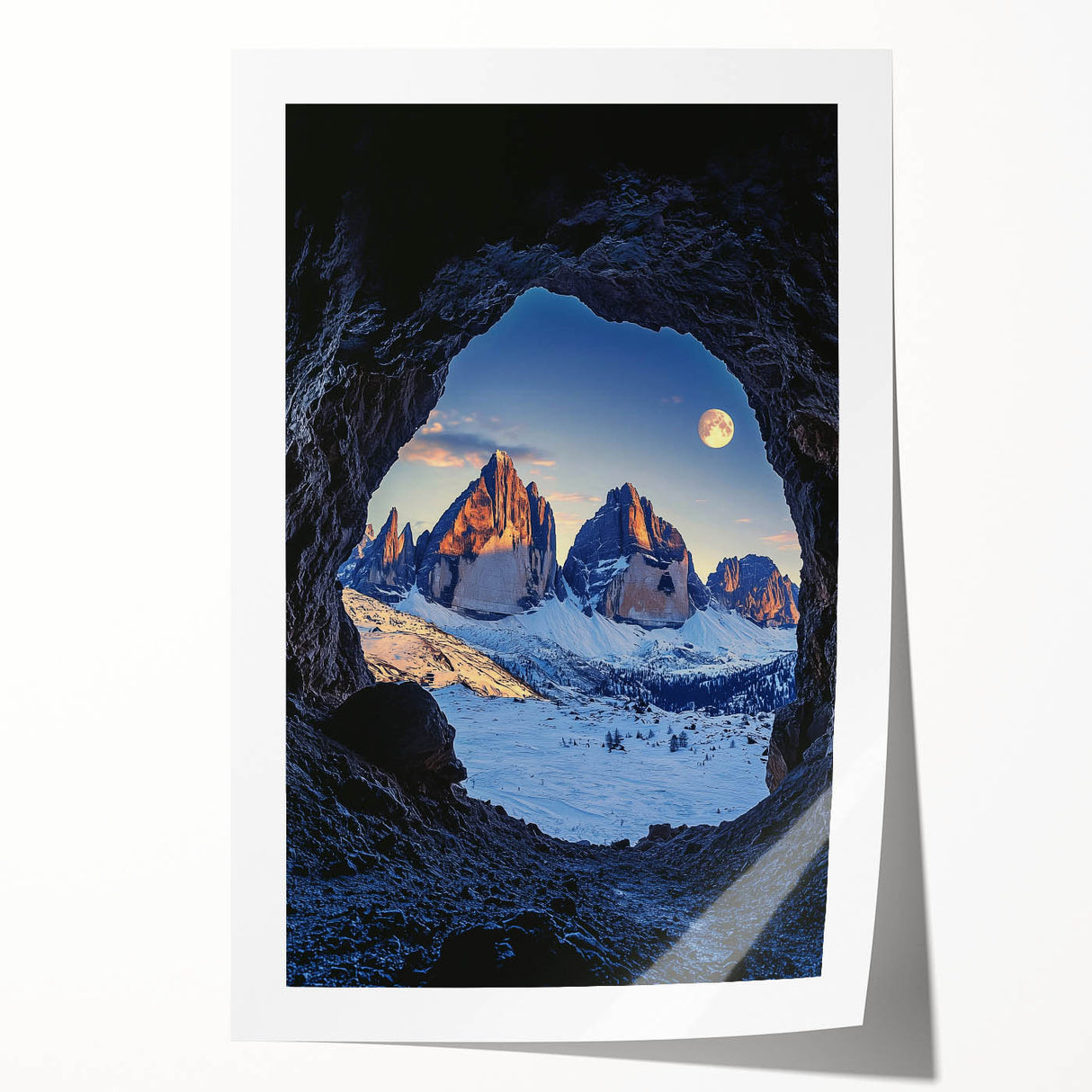 Vibrant rolled print showcasing a stunning landscape of caves, featuring intricate details and rich colors, packaged securely in a protective cardboard tube for art lovers.
