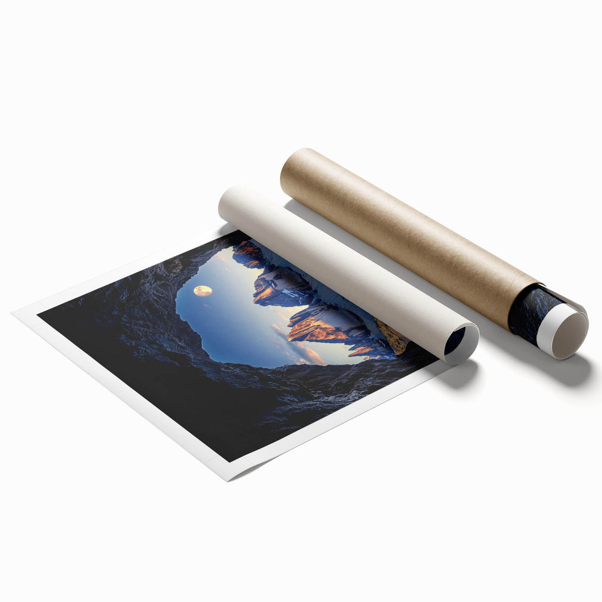 Rolled print showcasing a breathtaking landscape of vibrant caves, featuring rich colors and intricate details, packaged securely in a protective tube for easy display.
