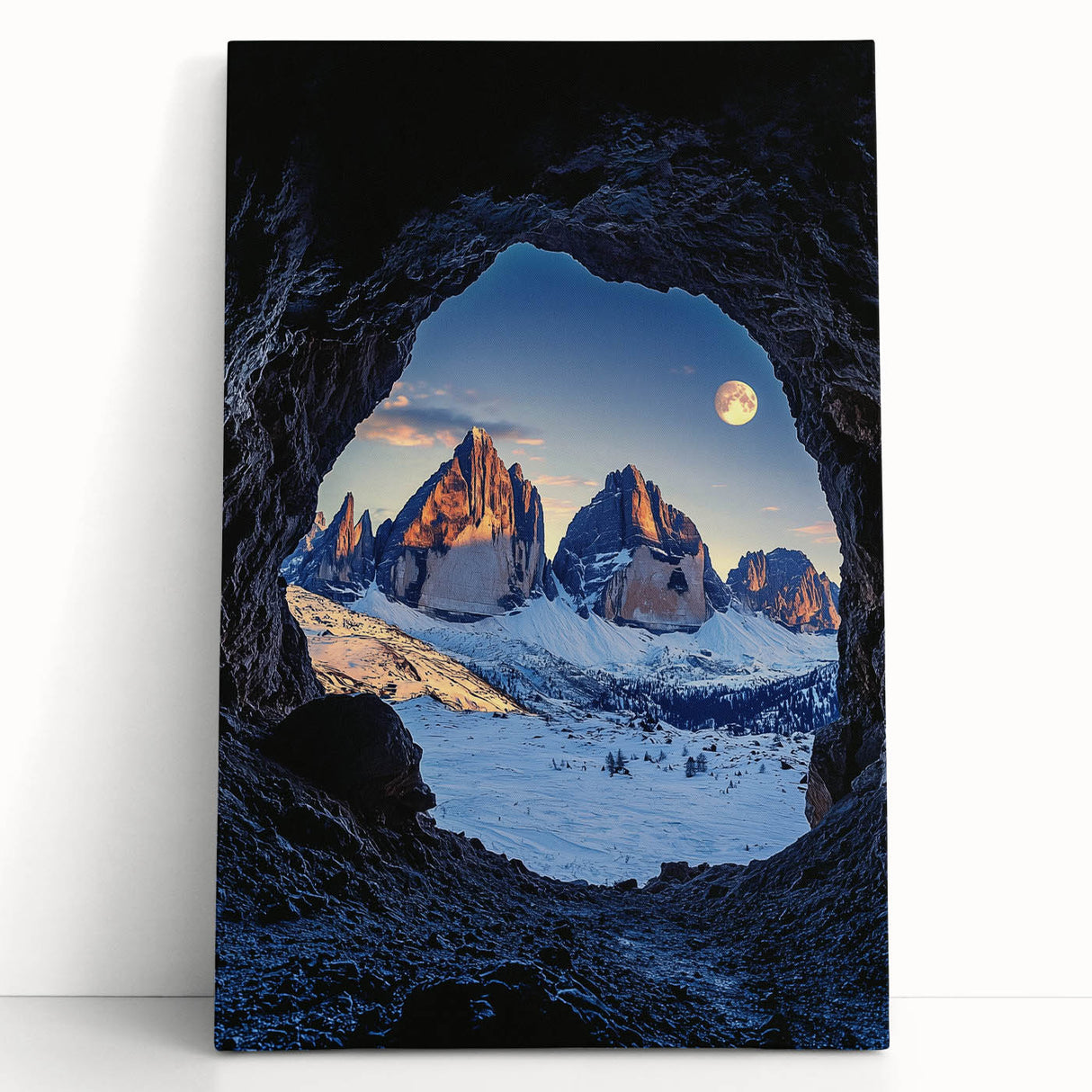 Stretched canvas artwork depicting a serene landscape with a cave, featuring vibrant colors and intricate details, perfect for home decor or art enthusiasts.