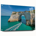 Acrylic glass artwork showcasing a stunning landscape of cliffs in vibrant colors, displayed from a side view with decorative pins, perfect for modern decor.