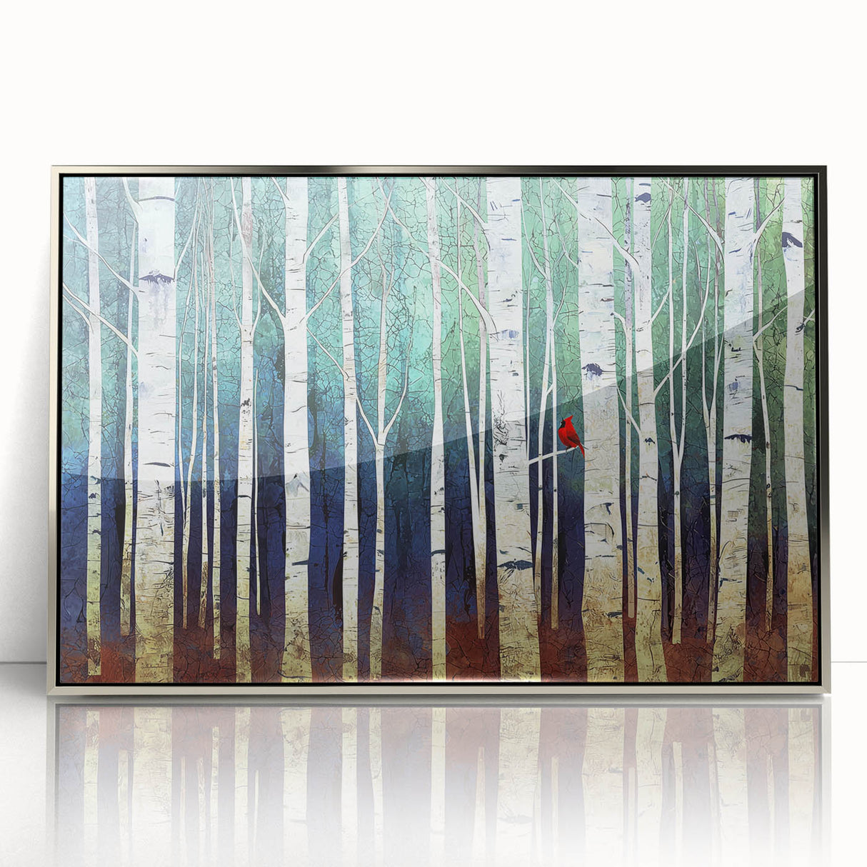 Framed Office Art - Birch Forest & Cardinal Modern Canvas