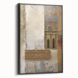 Framed abstract architecture wall art in black, showcasing a modern design with geometric shapes and clean lines, displayed from a side view for depth.