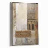 Framed canvas wall art showcasing abstract architectural design with silver accents, presented in a contemporary setting, ideal for modern home decor.