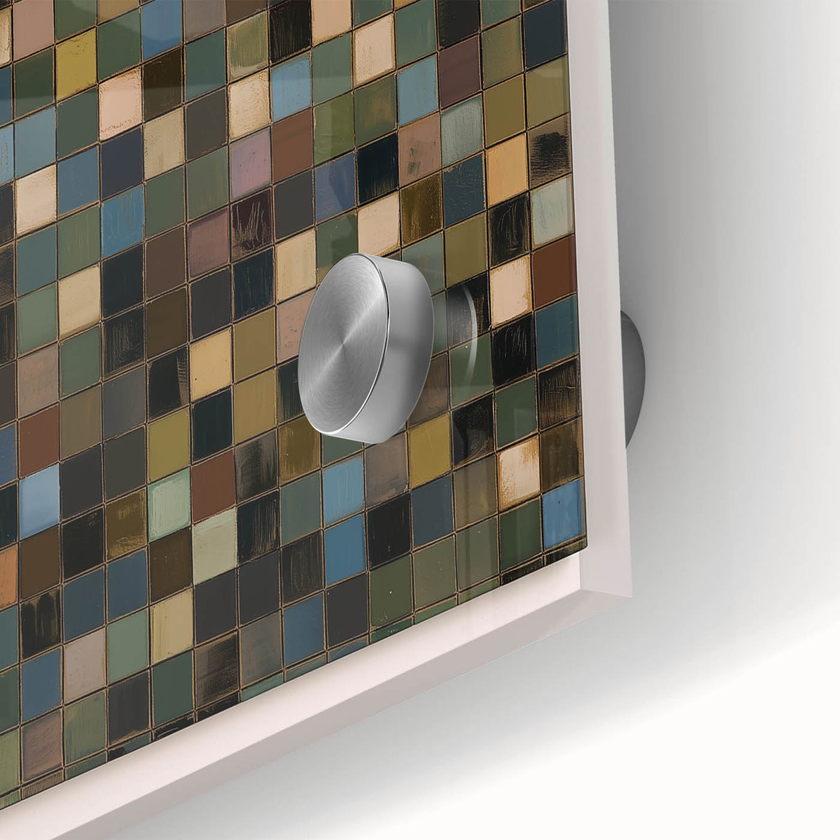 Close-up of a vibrant abstract geometric acrylic glass artwork showcasing a blend of bold colors and sharp angles, ideal for modern home decor and artistic display.