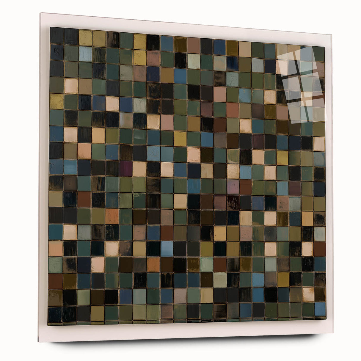 Abstract geometric acrylic glass art piece displayed from a side view, showcasing vibrant colors and sharp angles, ideal for modern decor settings.