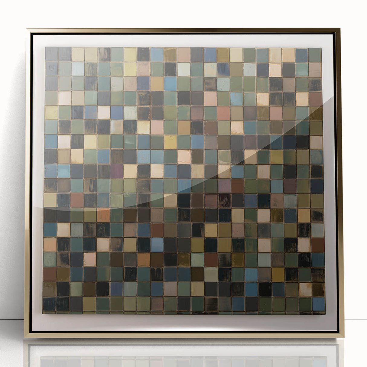 Framed abstract geometric art piece featuring a striking gold design, set against a sleek backdrop. Perfect for modern decor, adding elegance and sophistication to any space.