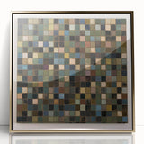 Framed abstract geometric art piece featuring a striking gold design, set against a sleek backdrop. Perfect for modern decor, adding elegance and sophistication to any space.