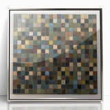 Abstract geometric art piece in a sleek silver frame, showcasing vibrant colors and sharp angles, perfect for modern decor. Ideal for enhancing contemporary living spaces.