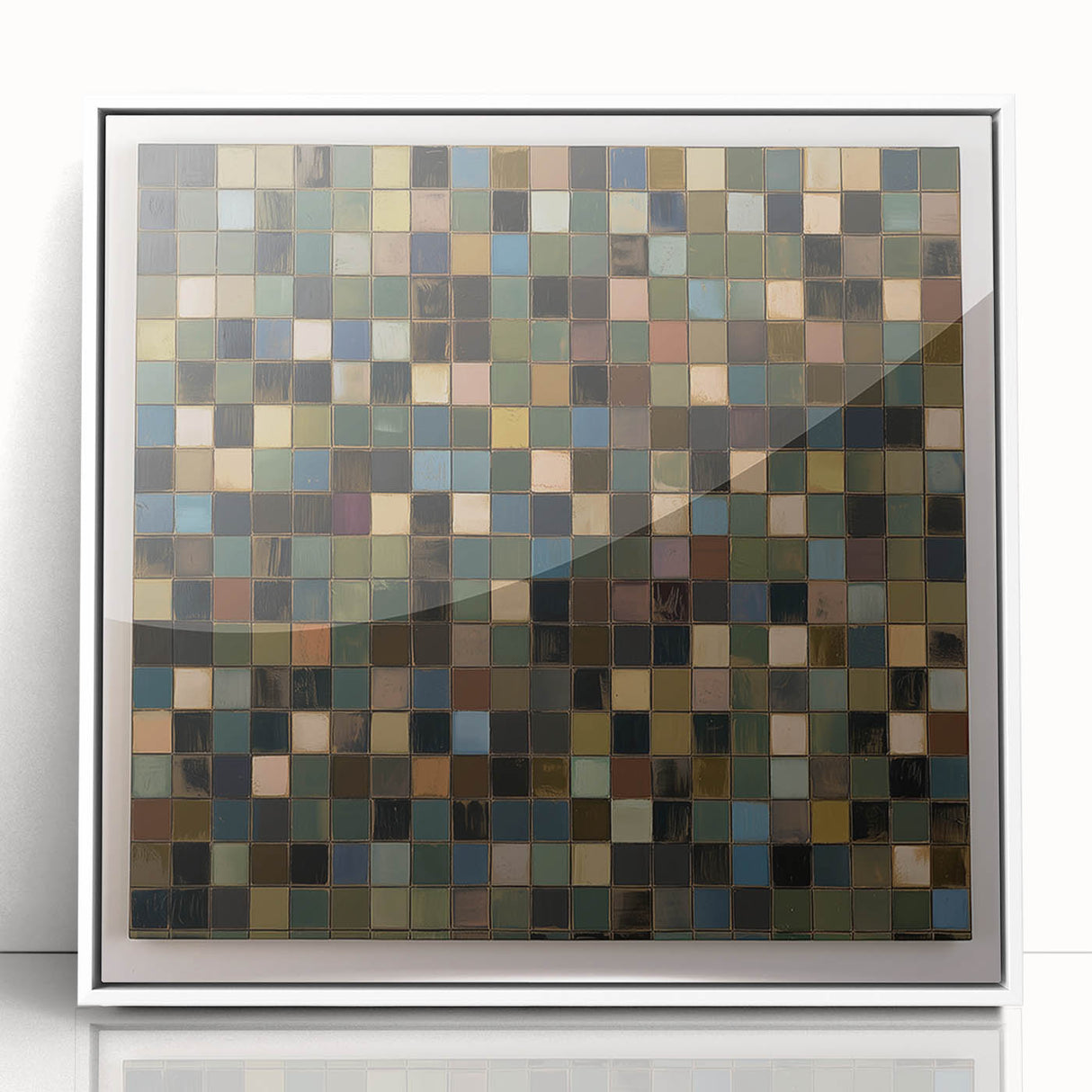 Framed abstract geometric acrylic art piece with a white background, showcasing sharp lines and vibrant colors, perfect for modern home decor.