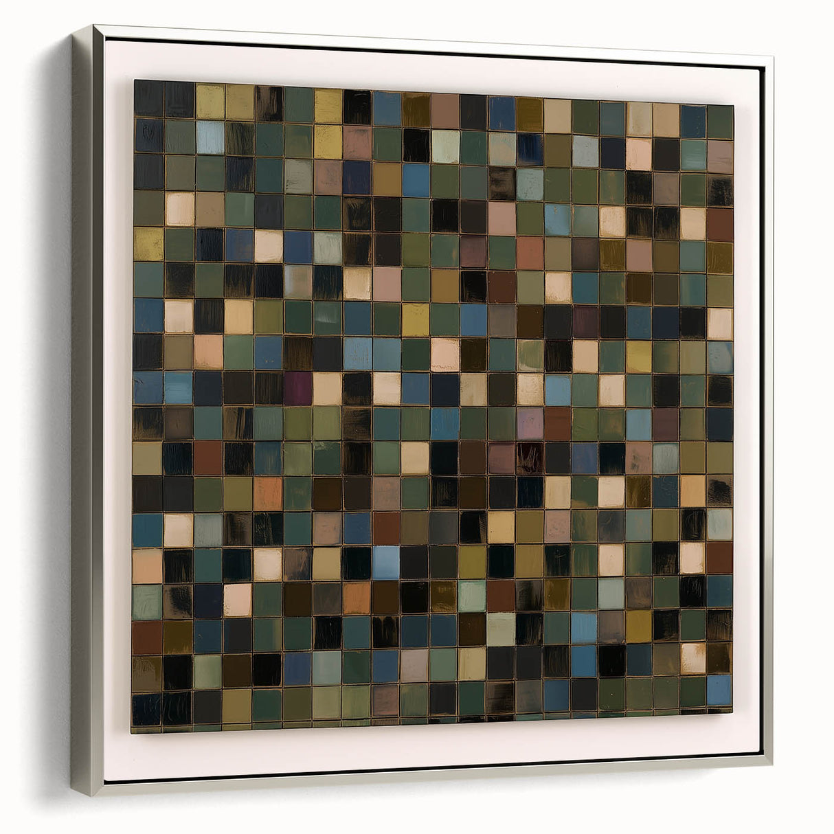 Framed abstract geometric canvas art with a silver frame, showcasing intricate patterns and vivid colors, ideal for modern home decor or office spaces.