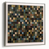 Framed abstract geometric canvas art with a silver frame, showcasing intricate patterns and vivid colors, ideal for modern home decor or office spaces.