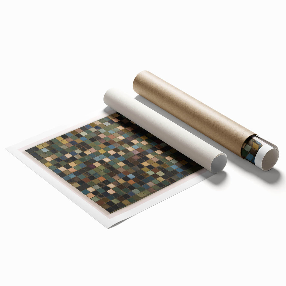 Abstract geometric rolled print showcasing vibrant colors and intricate designs, perfect for modern home decor. Packaged in a protective cardboard tube for safe delivery.
