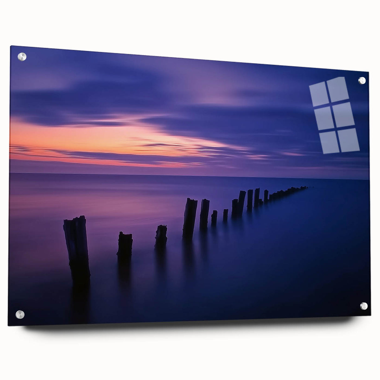Acrylic landscape artwork depicting serene beaches, showcased in a side view with elegant pins for display. Ideal for coastal-themed decor, blending vibrant colors and intricate details.