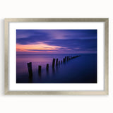 Landscape frame showcasing a scenic beach view, elegantly bordered with a silver mat, perfect for home decor. Ideal for coastal-themed interiors and art lovers.