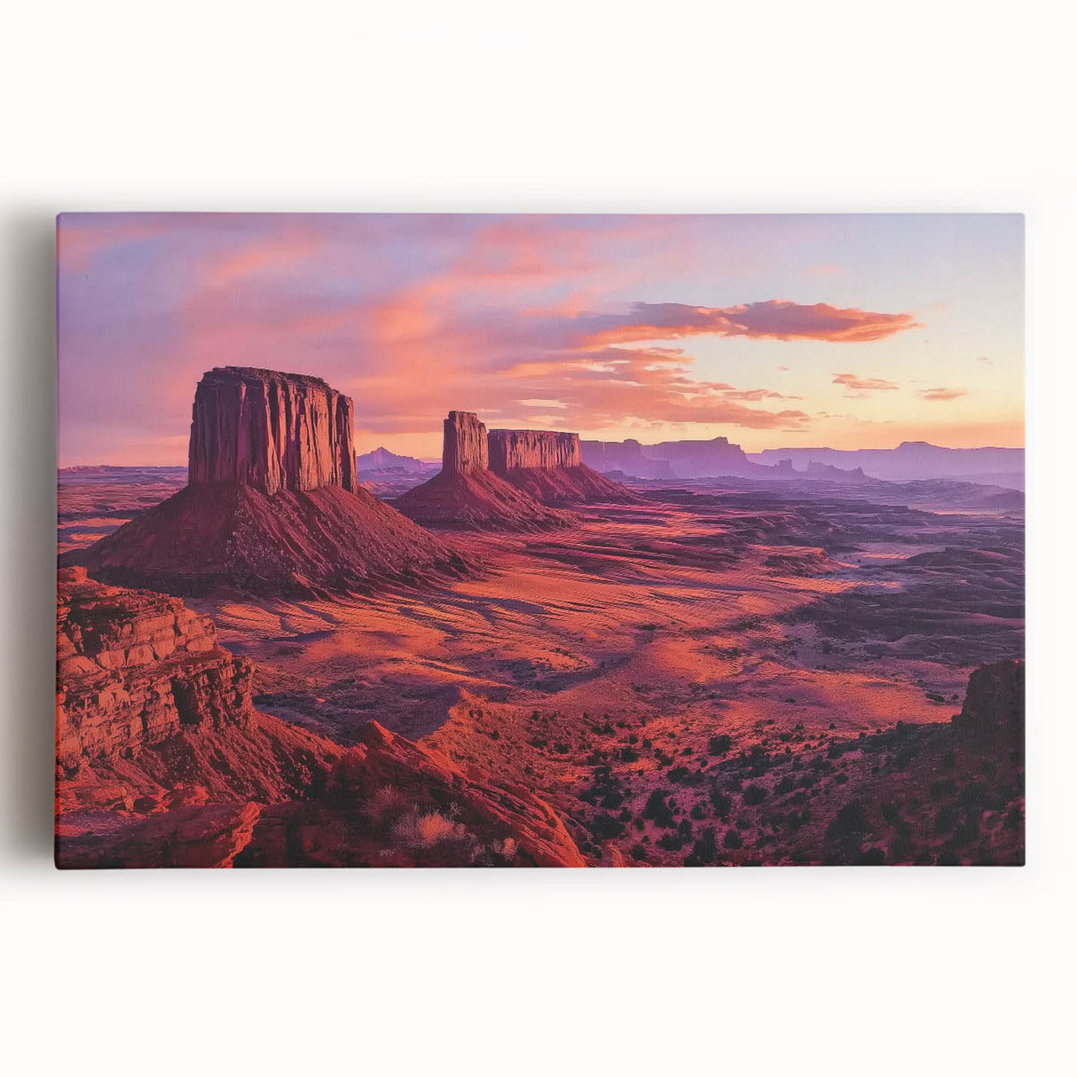 Stretched canvas showcasing a stunning landscape of colorful canyons under a bright blue sky, perfect for enhancing any modern home decor or office space. This artwork emphasizes vibrant hues and intricate details, making it an eye-catching focal point in any room.