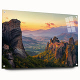 Vibrant acrylic landscape artwork showcasing a serene countryside scene, displayed in a glass frame with black pins for a modern touch. Perfect for home decor.