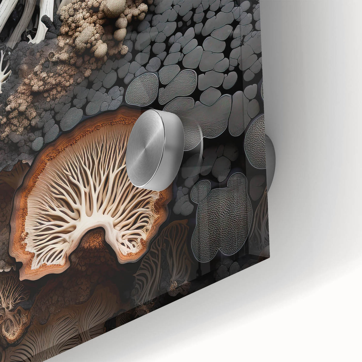 Large abstract wall art in muted earth tones on acrylic glass, perfect for dining room ambiance.