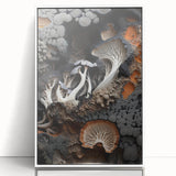 Art deco poster featuring close-up natural elements in muted green and white tones, acrylic print framed in white.