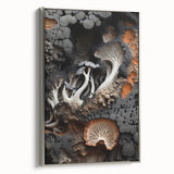 Landscape art painting on framed canvas, featuring a vintage-style black wall with colorful floral elements.