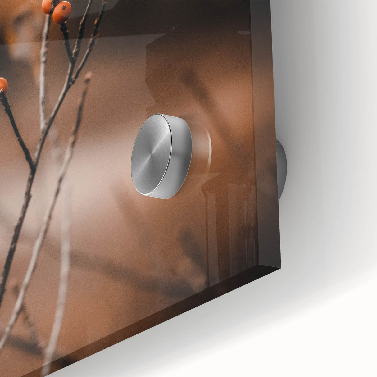 Large abstract wall art in warm autumn hues on acrylic glass, ideal for dining room ambiance.