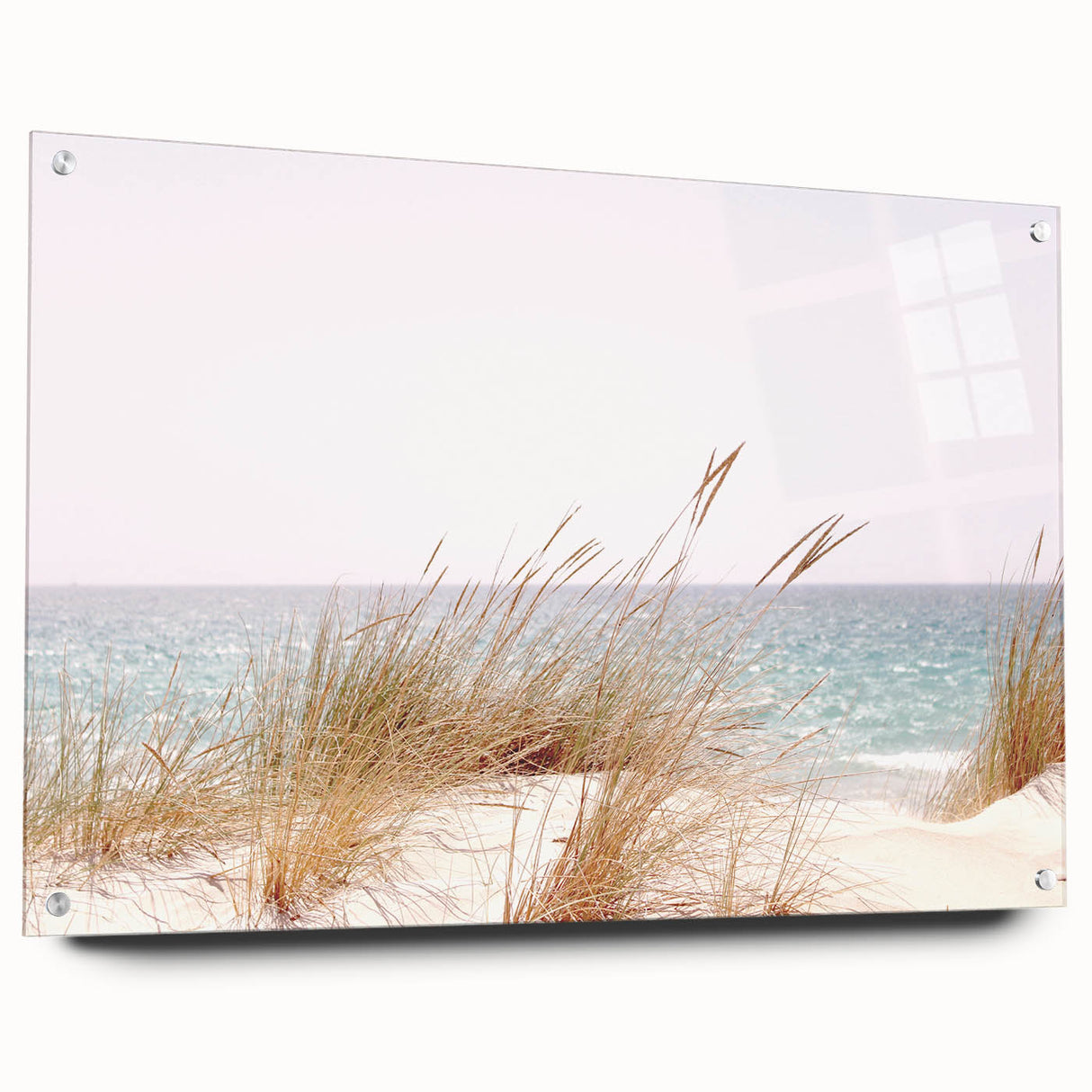 Large abstract wall art on acrylic glass featuring swirling summer hues of blue and orange.