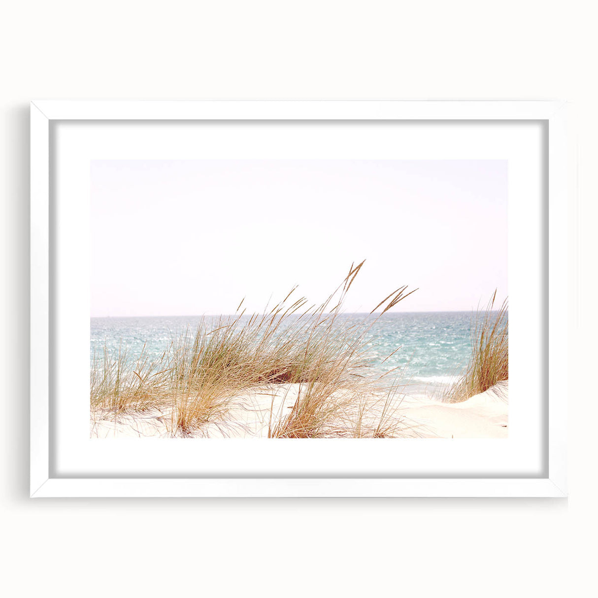 Abstract art print featuring swirling summer colors in pastel shades on a white framed canvas.