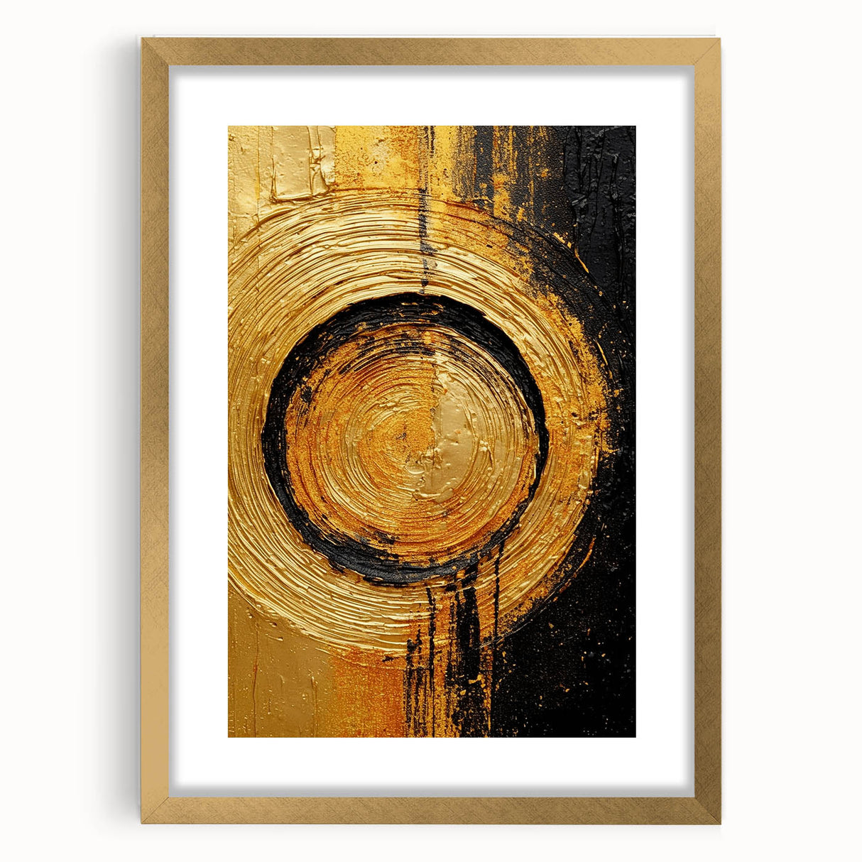 Abstract wall art featuring dynamic strokes in shades of blue, gold, and white, elegantly framed with a gold mat, adding a touch of modern sophistication to any decor.