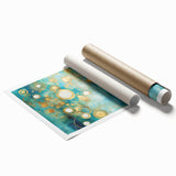 Abstract wall art print featuring vibrant strokes in shades of blue, orange, and yellow, rolled and ready for display, ideal for modern home decor.