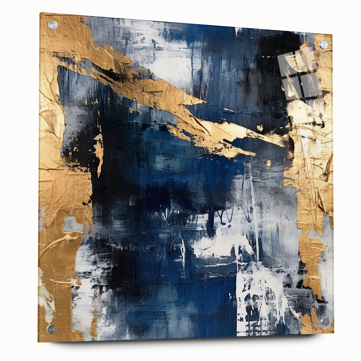 Abstract strokes wall art displayed in a side view, showcasing vibrant colors on acrylic glass with visible mounting pins, ideal for modern decor.