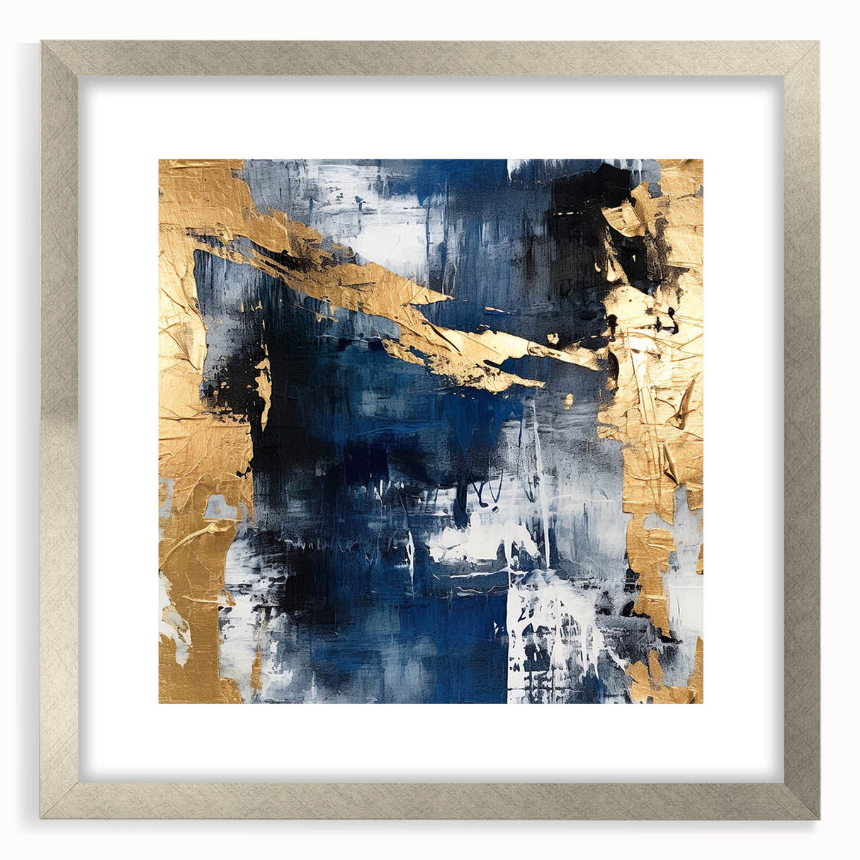 Abstract strokes wall art framed with a sleek silver mat, showcasing vibrant colors and dynamic patterns, perfect for modern decor settings.