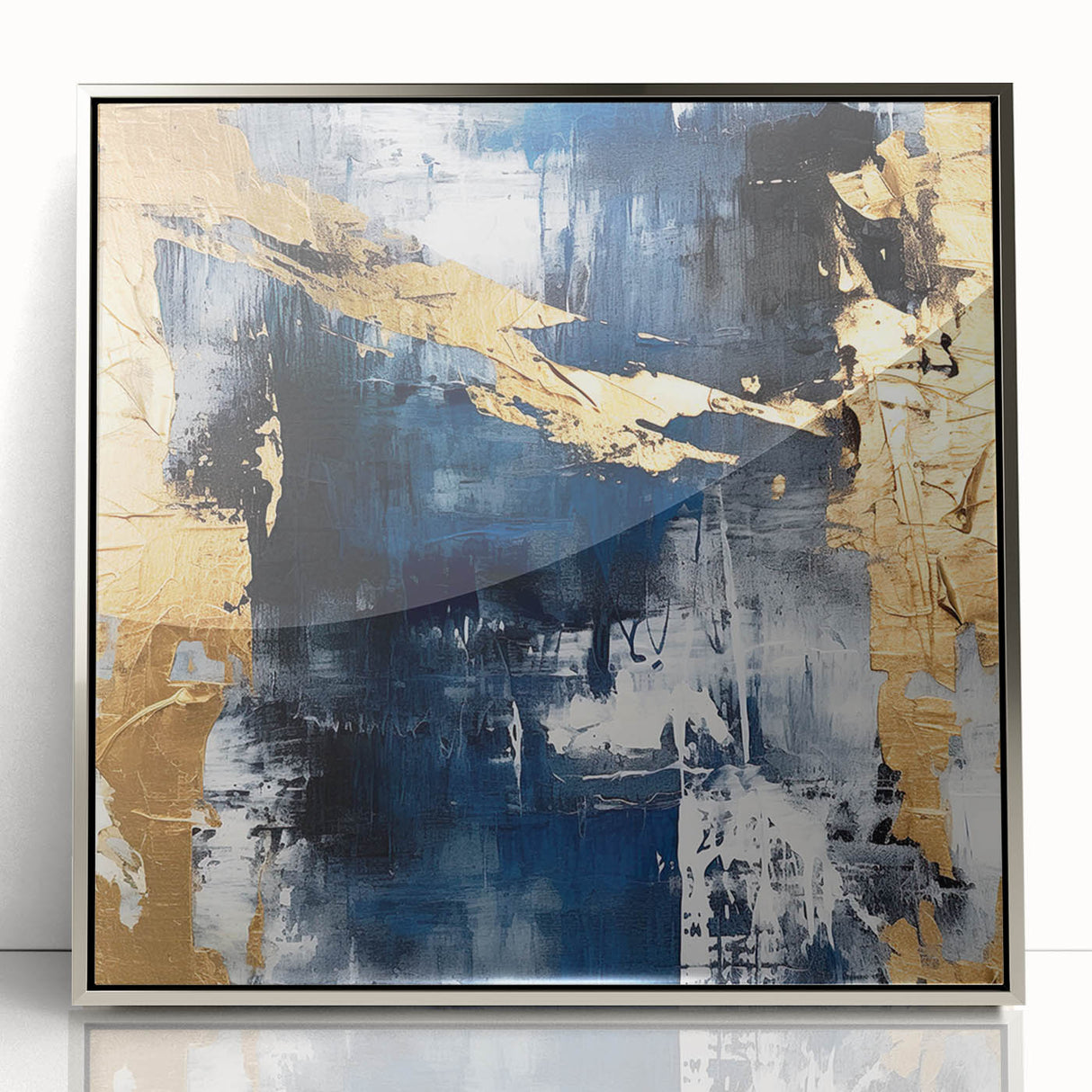 Framed abstract wall art featuring dynamic silver strokes on a white background, ideal for modern home decor. Showcases contemporary elegance and style.