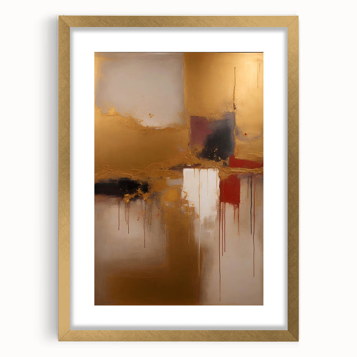 Abstract wall art featuring bold strokes in vibrant colors, framed with a gold mat, showcasing a modern aesthetic ideal for contemporary home decor.