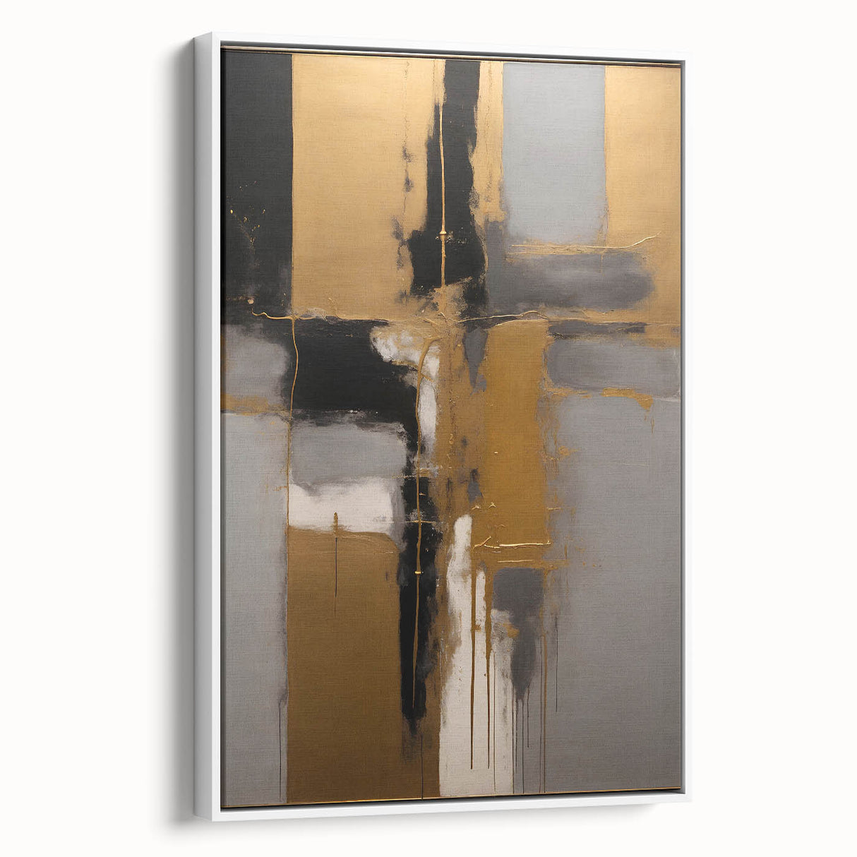 Framed abstract strokes wall art in a modern white setting, showcasing vibrant colors and dynamic brushwork, perfect for contemporary home decor.