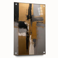 Abstract wall art print showcasing colorful strokes on acrylic glass, elegantly displayed from a side view with decorative pins. Ideal for modern decor.