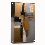 Abstract wall art print showcasing colorful strokes on acrylic glass, elegantly displayed from a side view with decorative pins. Ideal for modern decor.